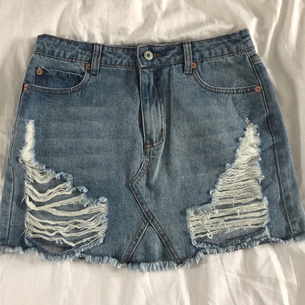 Distressed denim skirt